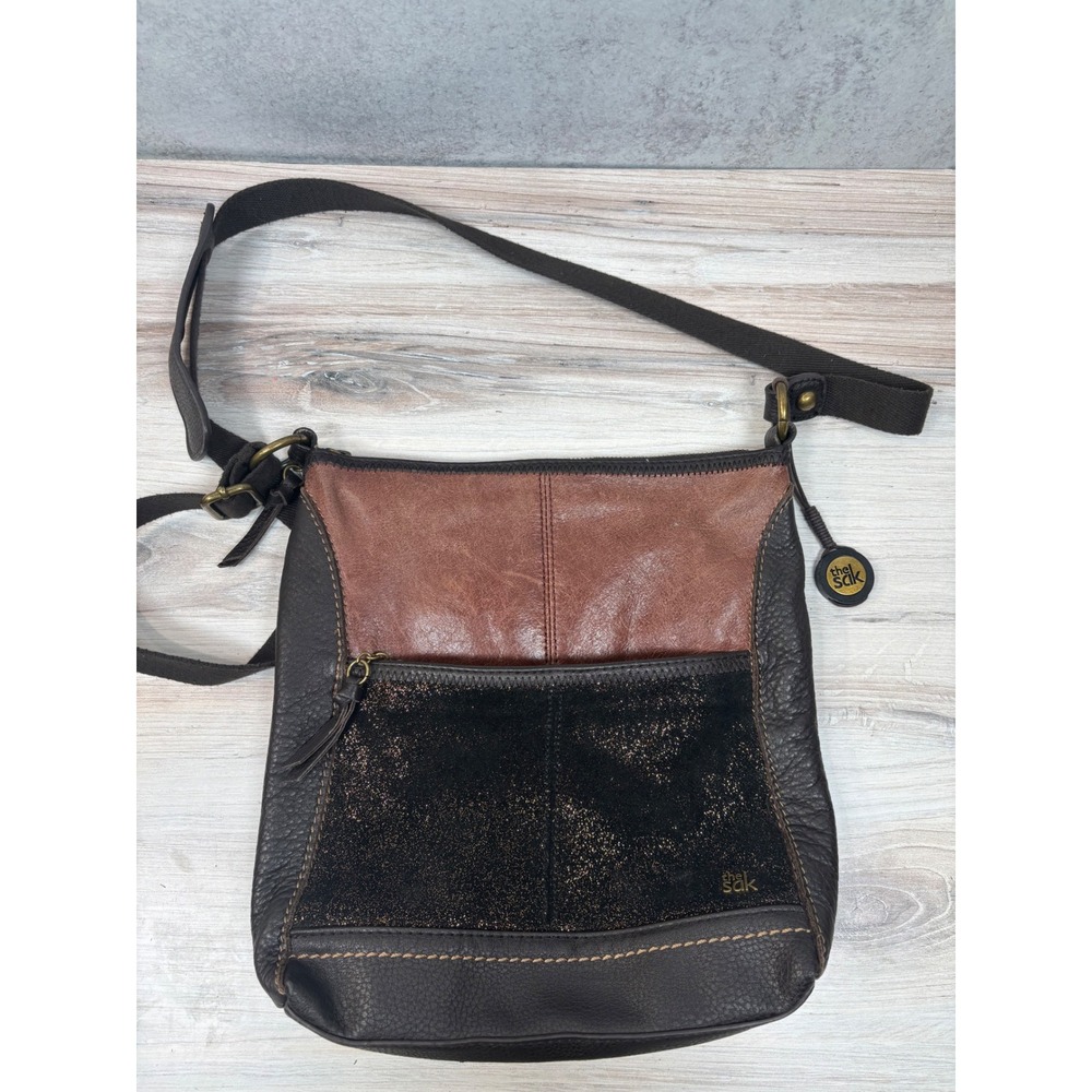 The Sak‎ Iris Leather Crossbody Brown Black Two Tone Metallic Suede Shoulder Bag